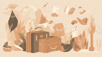 Minimalist travel illustrations in earthy tones wallpaper