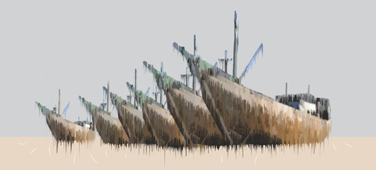 Digital illustration of a wooden ship in the port of Sunda Kelapa, Jakarta
