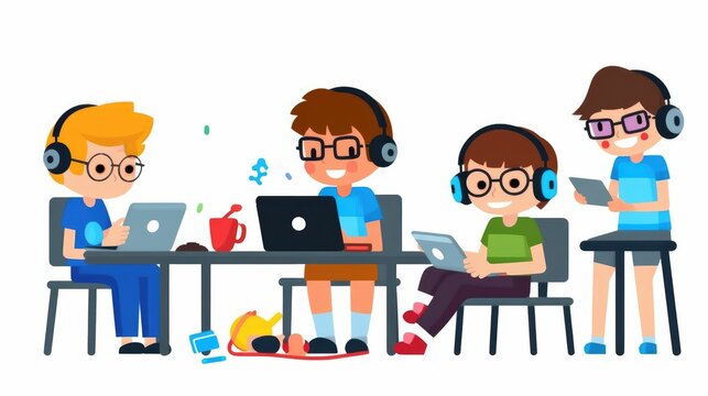 Kids learning coding and playing video games