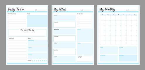 (Sky) 3 set of Monthly, daily, weekly planner. Plan you food day easily. Vector illustration.