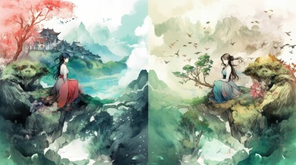 Watercolor illustration of girls in scenic nature landscapes
