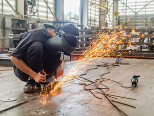 Industrial worker using angle grinder