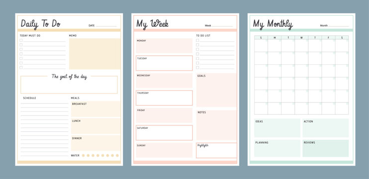3 set of Monthly, daily, weekly planner. Plan you food day easily. Vector illustration.