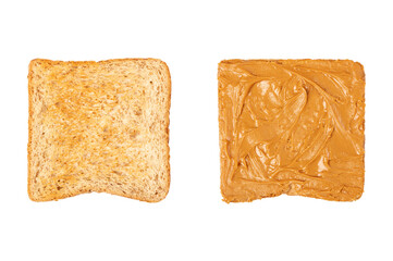 Peanut butter on bread sliced on white background.