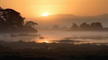 Coastal estuary with a misty sunrise