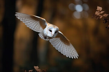 The barn owl took to the skies. Wild forest scene with animals. the tyto alba, a little bird that can fly, generative AI