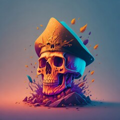 A detailed colorful illustration a magic pirate dead skull with a pirate hat with splash effect. Generative AI