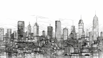 Monochromatic Fine Line Art of City Skylines Wallpaper