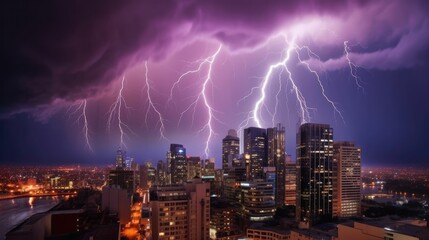 Cityscape at night with lightning bolt