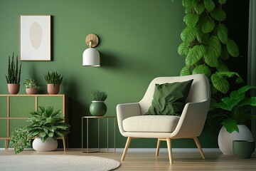 modern living room with green walls and a white accent chair. Generative AI
