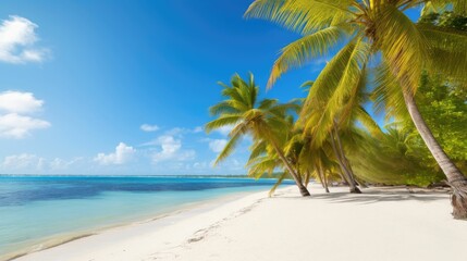 Beach with Palm Trees and Bright Blue Sky