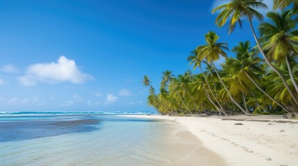 Scenic beach with palm trees under a bright blue sky