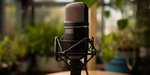 Podcast microphone with studio background, technology concept. Image created with AI - obrazy, fototapety, plakaty