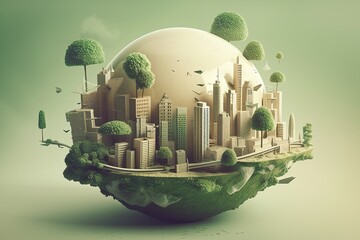 Green energy, futuristic city with cupola and natural elements, AI generative illustration in green and beige colors