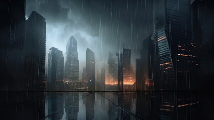 Dramatic and rainy cityscape with soaring skyscrapers