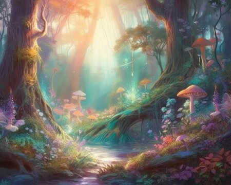 Magical fairies in pastel-colored forest