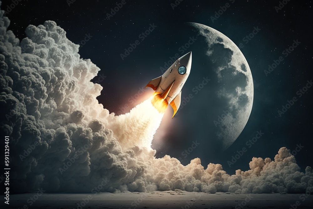 Poster shooting off on a rocket ship towards the moon generative ai