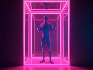 Virtual Reality Capsule in neon colors. AI generated, human enhanced.