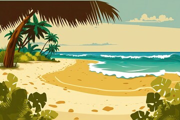 serene tropical beach with swaying palm trees. Generative AI