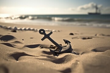 Anchor on the sandy beach. AI generated, human enhanced.