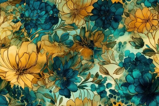 Abstract watercolor floral pattern in a combination of bright yellow and dark blue colors, background. AI generated
