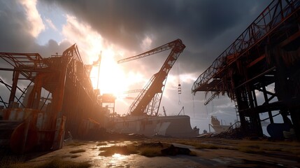 Fototapeta na wymiar Abandoned shipyard, rusty damaged ships, cranes and mashinery, AI generative industrial landscape on sunset