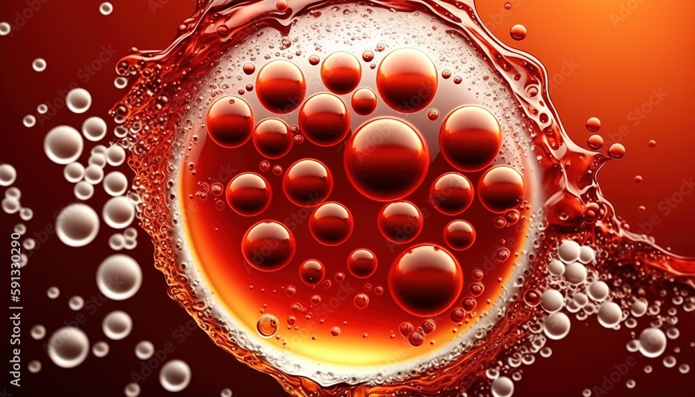 Poster bubbles in a red macro drink. cola on ice as a culinary backdrop, a close-up of cola as a design ele