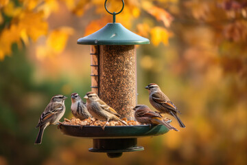 Group of little birds perching on a bird feeder on autumn background, generative AI
