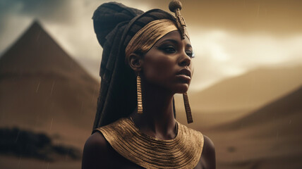 Woman wearing egyptian period costume with decorative makeup, generative AI. - obrazy, fototapety, plakaty