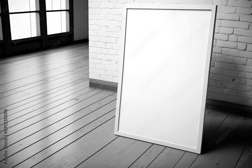 Poster an empty picture frame on a rustic wooden floor. generative ai