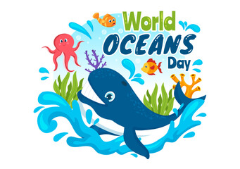 World Oceans Day Illustration to Help Protect and Conserve Ocean, Fish, Ecosystem or Sea Plants in Flat Cartoon Hand Drawn for Landing Page Templates