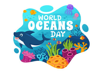 World Oceans Day Illustration to Help Protect and Conserve Ocean, Fish, Ecosystem or Sea Plants in Flat Cartoon Hand Drawn for Landing Page Templates