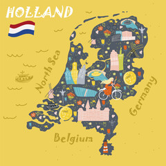 Holland, Netherlands, Amsterdam map, hand drawn vector cartoon,  Illustration for guidebook, poster, travel booklet, fashion design.Conceptual vector illustration with symbols Holland, Netherlands, Am