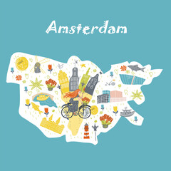 Holland, Netherlands, Amsterdam map, hand drawn vector cartoon,  Illustration for guidebook, poster, travel booklet, fashion design.Conceptual vector illustration with symbols Holland, Netherlands, Am