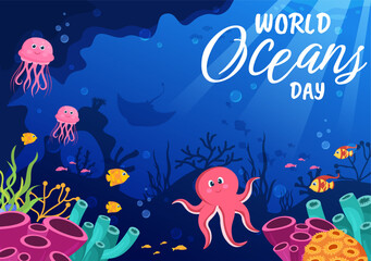 Naklejka na ściany i meble World Oceans Day Illustration to Help Protect and Conserve Ocean, Fish, Ecosystem or Sea Plants in Flat Cartoon Hand Drawn for Landing Page Templates