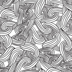 Black and white contour seamless pattern. Linear hand drawn background. Abstract chaotic doodle print.