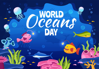 Fototapeta na wymiar World Oceans Day Illustration to Help Protect and Conserve Ocean, Fish, Ecosystem or Sea Plants in Flat Cartoon Hand Drawn for Landing Page Templates