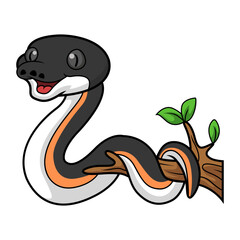 Cute gold albertisi snake cartoon on tree branch