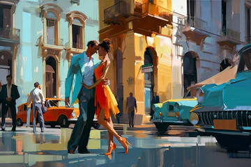 Couple dancing tango on street in Argentina, retro futuristic style, AI generative illustration - obrazy, fototapety, plakaty
