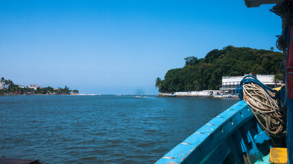 boat on the sea. High seas boat trip and deep sea fishing in Itanhaém, São Paulo, brazil. 