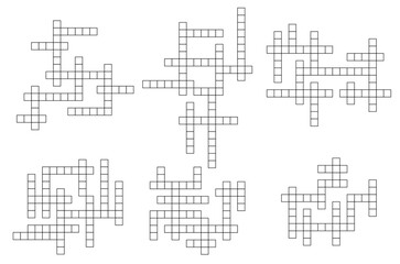 Crossword game grid, vector cross word puzzle layout. Word guess quiz with blank square cells. Intellectual worksheet templates with empty boxes. Rebus, brainteaser, riddle for recreational leisure