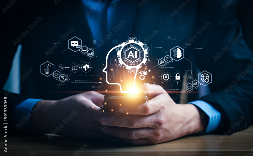 Poster businessman touching the brain working of artificial intelligence (ai) automation, predictive analyt