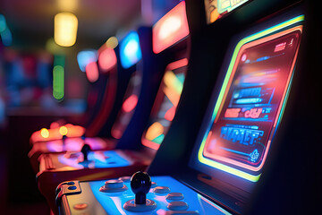 close up shot of arcade machines in an arcade with blurry background