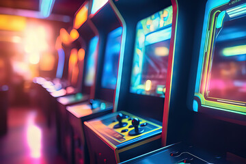 close up shot of arcade machines in an arcade with blurry background