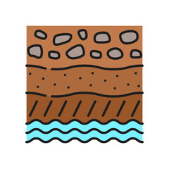 Soil, ground and groundwater level agronomy color line icon. Farm field soil thin line vector symbol with ground section or layers. Ecology, environment or agronomy outline sign or icon