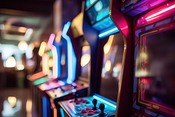 Obraz na płótnie Canvas close up shot of arcade machines in an arcade with blurry background