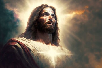 Portrait of Jesus Christ after his resurrection is a powerful image for Easter symbolizing the promise of salvation and new life at the hearth of Christian faith. Superb Generative AI - obrazy, fototapety, plakaty