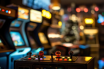 Fototapeta na wymiar close up shot of arcade machines in an arcade with blurry background