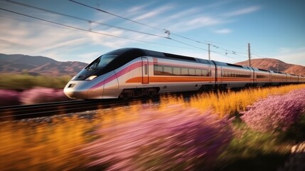 Fototapeta na wymiar high train moving speed in nature. Created with Generative AI.