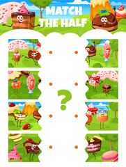 Match the half of cartoon candy, pastry and cake characters. Vector game worksheet with funny confectionery pie, muffin and roll, cocktail, cheesecake or cupcake, honey jar and truffle sweet desserts
